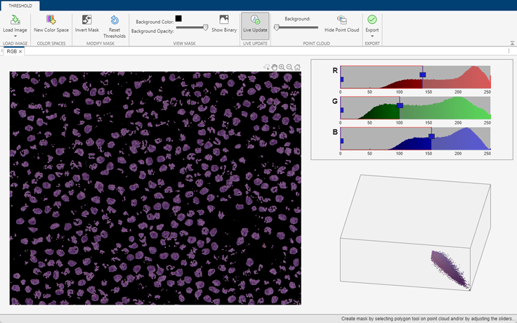 Color thresholder app with the histograms of the red, green, and blue pixel values and the segmented image that results from thresholding the color channels.