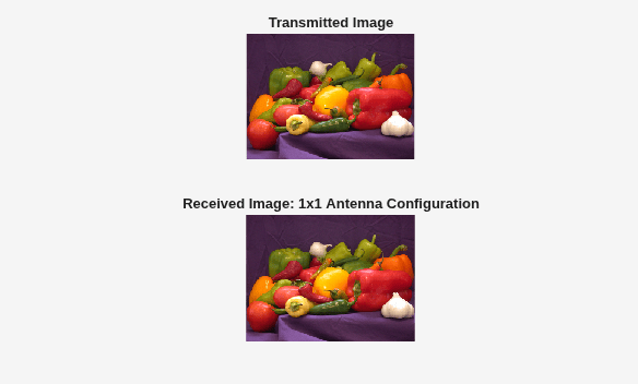 Figure Image Plot contains 2 axes objects. Hidden axes object 1 with title Transmitted Image contains an object of type image. Hidden axes object 2 with title Received Image: 1x1 Antenna Configuration contains an object of type image.
