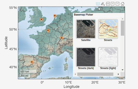 A geographic axes object that uses the land cover basemap. A basemap picker shows additional basemap options.