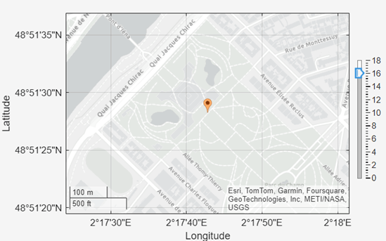 The same geographic axes. The map shows an area surrounding the Eiffel Tower. The slider thumb points to zoom level 16.