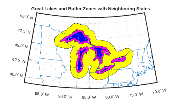 Figure contains an axes object. The hidden axes object with title Great Lakes and Buffer Zones with Neighboring States contains 19 objects of type patch, line, text.