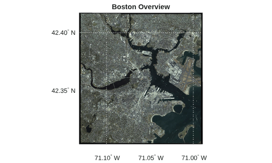 Figure contains an axes object. The hidden axes object with title Boston Overview contains 9 objects of type patch, surface, line, text.