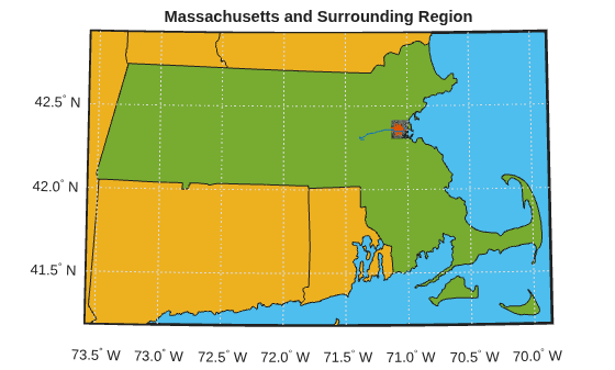 Figure contains an axes object. The hidden axes object with title Massachusetts and Surrounding Region contains 36 objects of type patch, line, surface, text. One or more of the lines displays its values using only markers