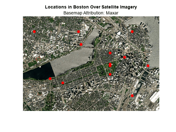 Figure contains an axes object. The axes object with title Locations in Boston Over Satellite Imagery contains 2 objects of type image, line.