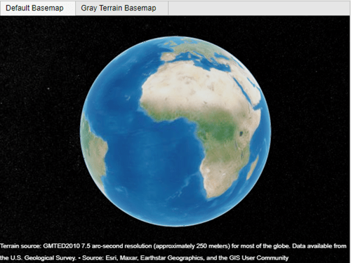 A geographic globe in a figure with two tabs, Default Basemap and Gray Terrain Basemap.