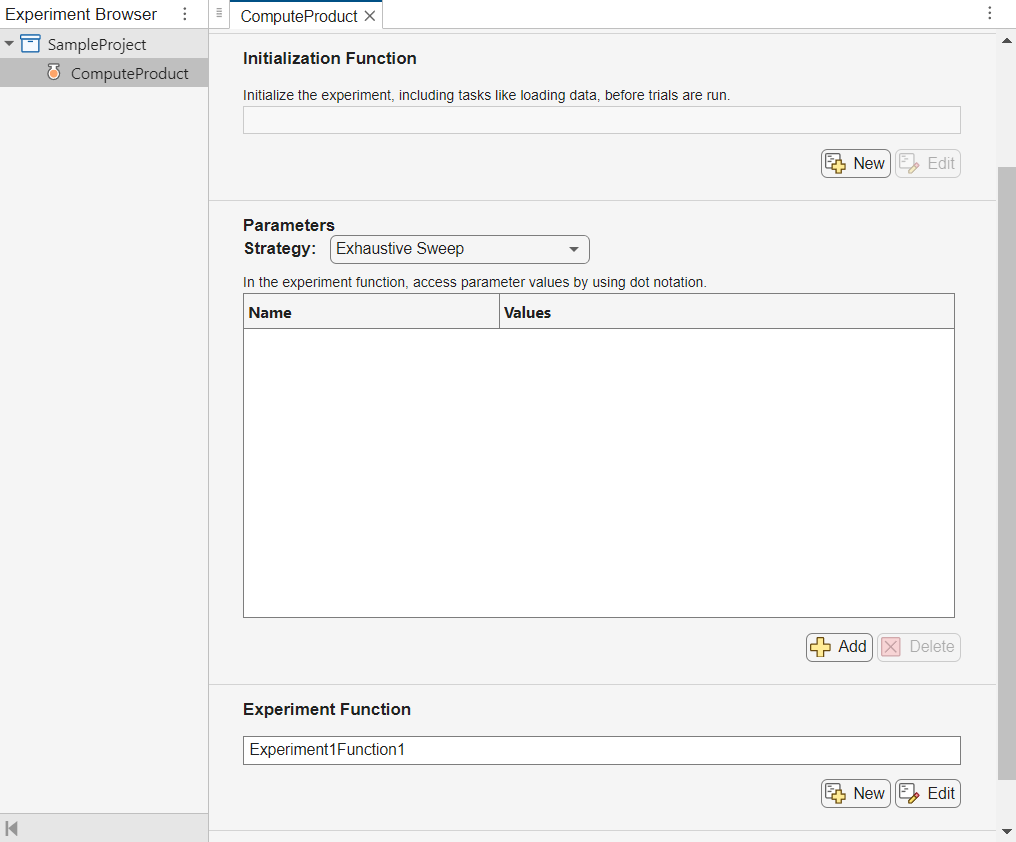 Experiment Browser panel and experiment definition tab for the ComputeProduct experiment