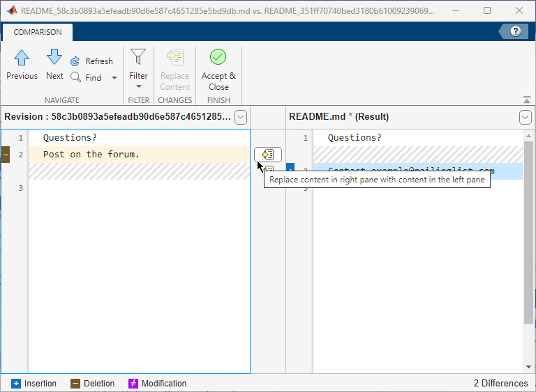 Comparison report. Toolstrip on top. Side by side comparison of conflicted revisions with inline buttons to merge lines.
