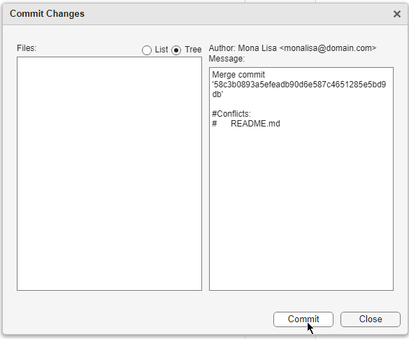 Commit dialog with an autogenerated merge commit message and no modified files to commit