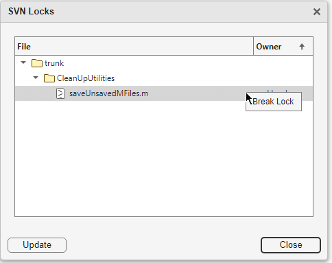 SVN Locks dialog box with the list of locked files and their owners