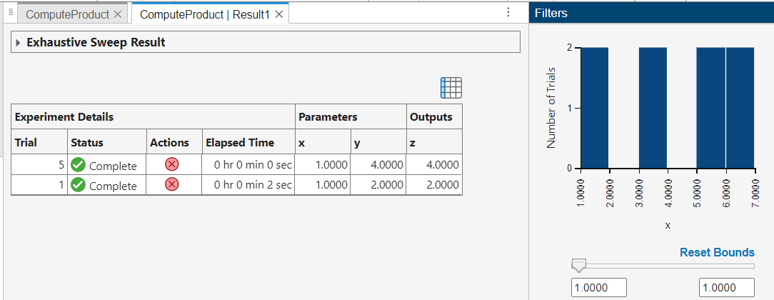 Filtered table of results with two trials and Filters panel for parameter x