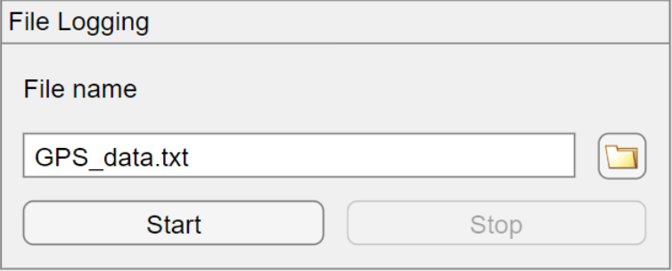 File Logging panel in the app. The panel contains a field to specify a file name, a start button, and a disabled stop button.