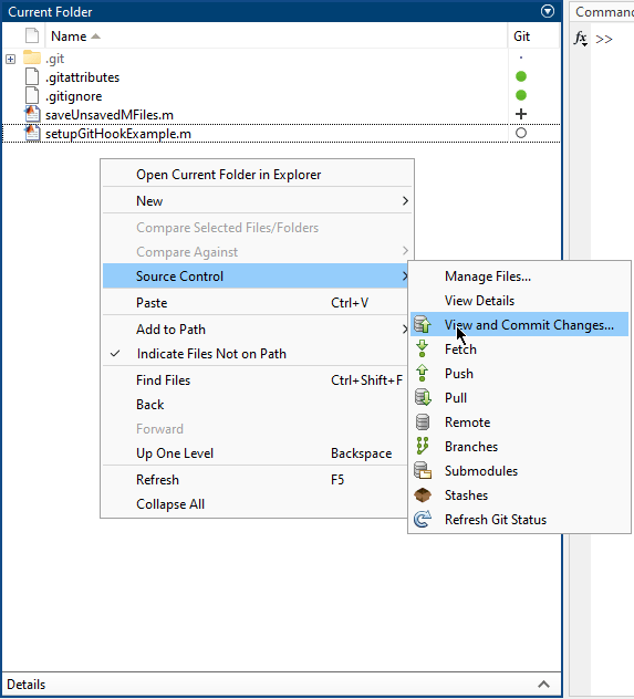 Current Folder browser showing a context menu with the Source Control > View and Commit Changes option selected