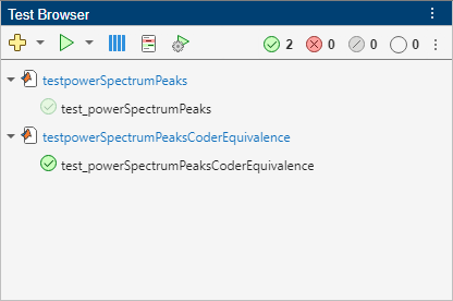 The Test Browser shows the results for the testpowerSpectrumPeaksCoderEquivalence test, which passes