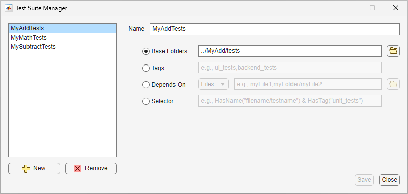 The Test Suite Manager shows the MyAddTests test suite with Base Folders set to ../MyAdd/tests.