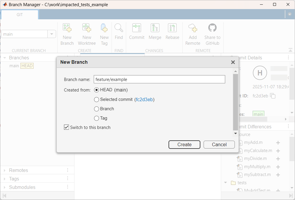 The New Branch dialog box in front of the Branch Manager. The Branch name box of the dialog box shows feature/example as the value.