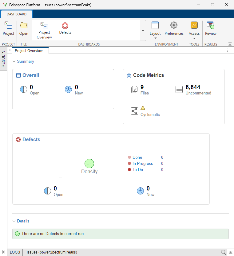 The Polyspace Platform shows the analysis results, which indicates that there are no defects