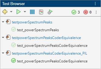 The Test Browser shows the results for the testpowerSpectrumPeaksCoderEquivalence_PIL test, which passes