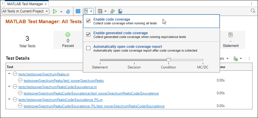 The mouse points to the Coverage menu in the MATLAB Test Manager, with code coverage and generated code coverage enabled