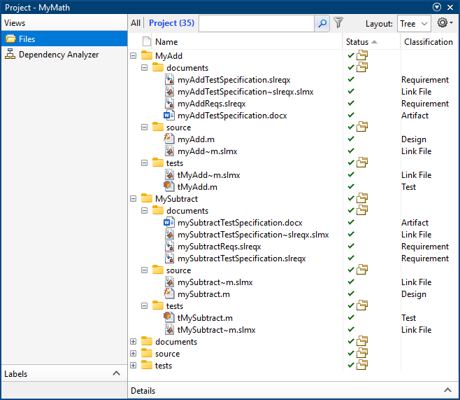 The Project pane shows the MyMath project with the MyAdd and MySubtract folders expanded to show the many files that they contain.