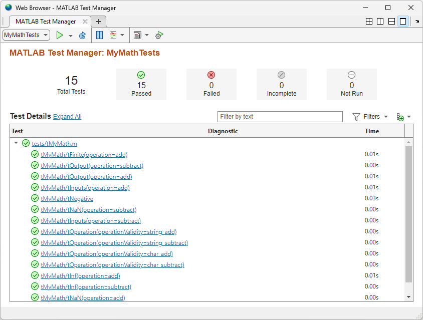 The MATLAB Test Manager displays the MyMathTests test suite with 15 passed tests and no failed, incomplete, and not run tests.