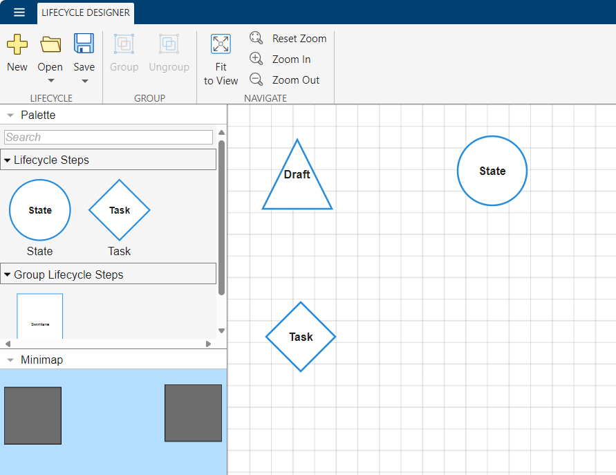 Lifecycle Designer, showing a Draft, a State, and a Task