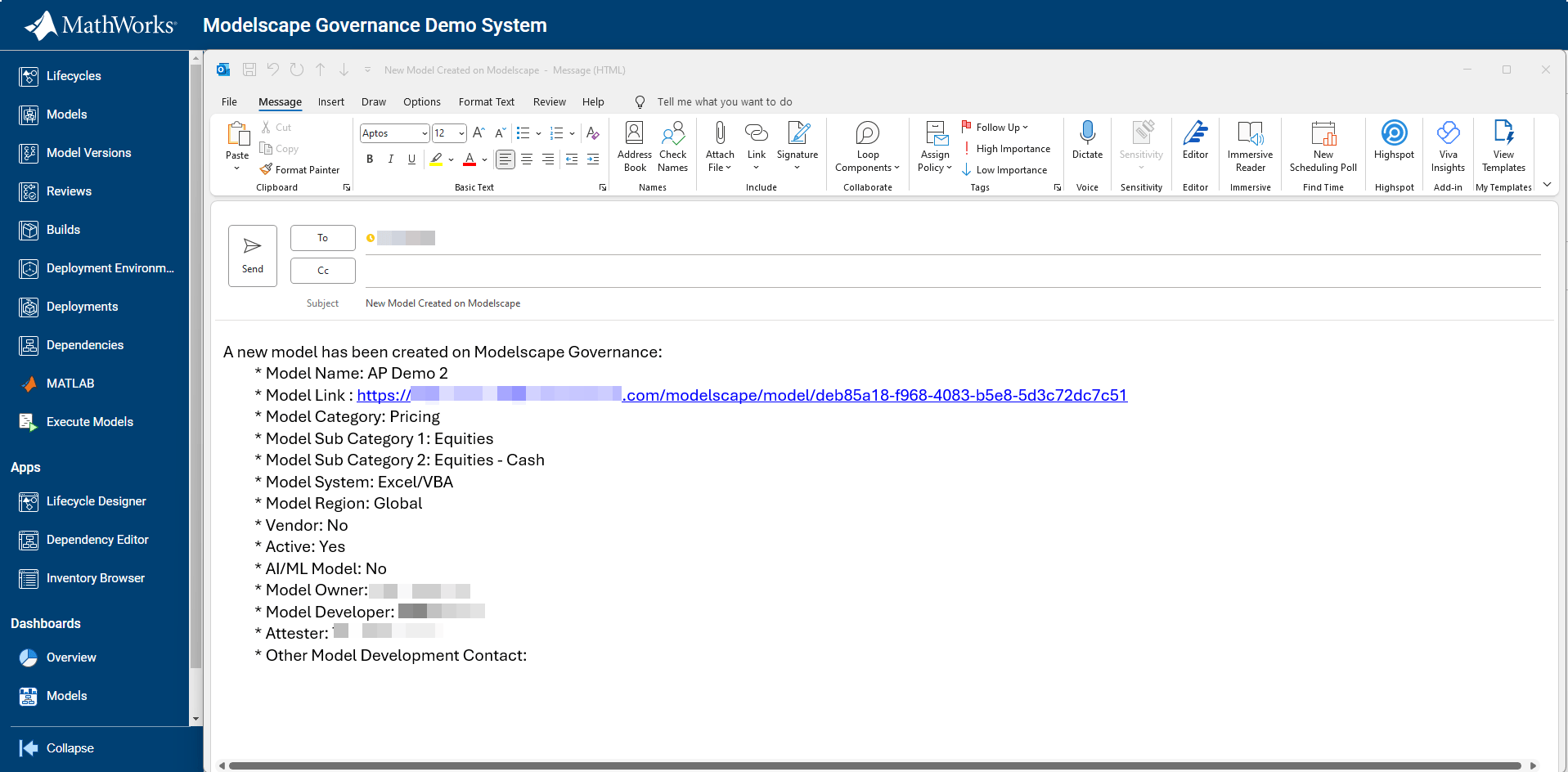 Example of email confirming model creation
