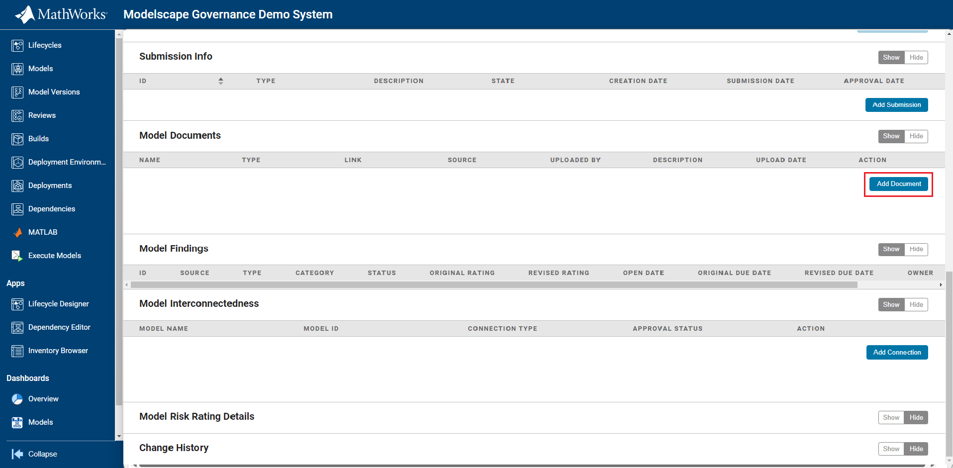 Example screen showing a button for adding documentation