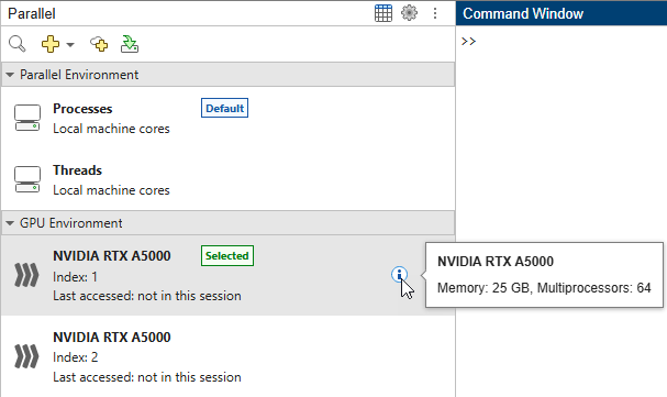 The Parallel panel, showing two A5000 GPUs.