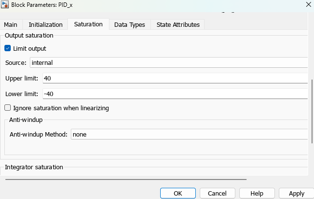 Saturation tab of PID_x block mask. Upper limit is 40, Lower limit is -40.