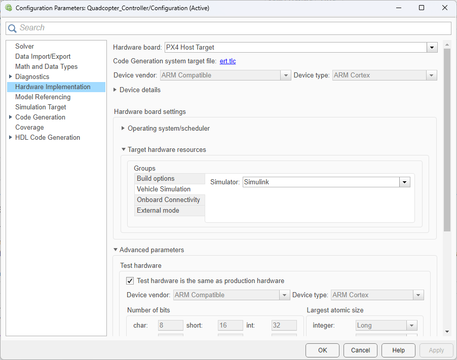 Hardware Implementation tab of the Quadcopter_Controller.slx model settings, which shows the Hardware board, and Simulator parameters.
