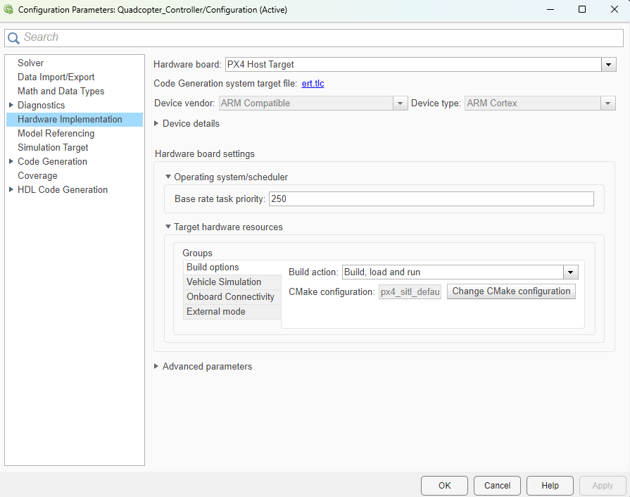 Hardware Implementation tab of the Quadcopter_Controller.slx model settings, which shows the Hardware board, and Build action parameters.