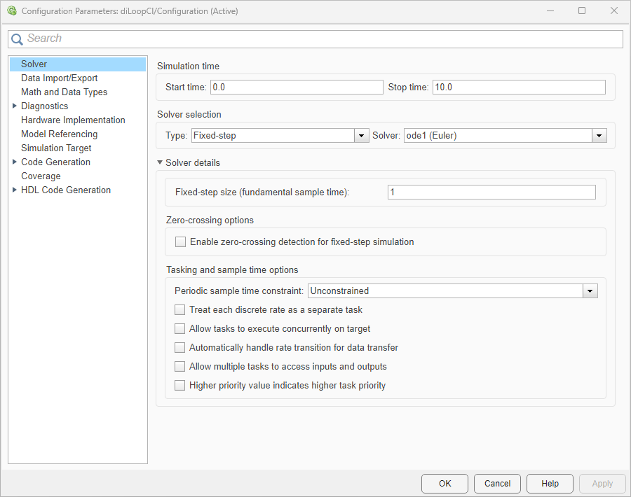 Configuration Parameters dialog showing Fixed-step solver type, ode1 (Euler) solver, and fixed-step size of 1