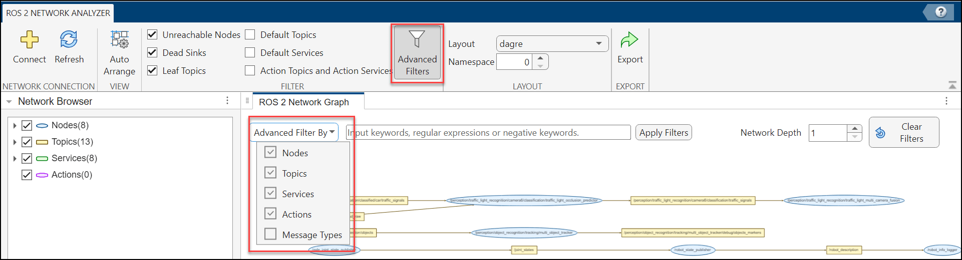 Advanced Filters option in ROS 2 Network Analyzer