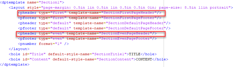 XML code snippet showing layout and header/footer templates for a document section. The "first" and "even" page headers are highlighted.