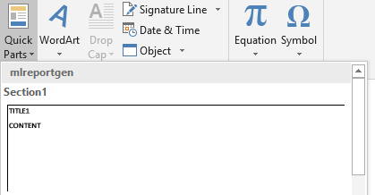 Microsoft Word QuickParts menu showing the new mlreportgen Section1 building block.