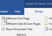 Microsoft Word ribbon on the Design tab showing a cleared Different First page checkbox.