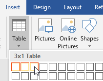 Microsoft Word ribbon Table insertion menu with a 3x1 table defined.