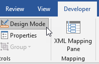 Microsoft Word Developer ribbon tab with the Design Mode item selected.