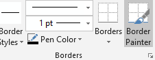 Microsoft Word toolbar section for border settings, featuring options for border styles, pen color, and border painter tool with the Border Painter button selected.