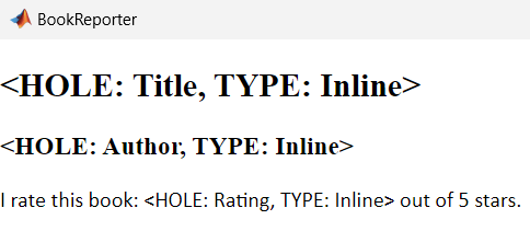 Snippet of viewer window displaying the content of the custom template document part BookReporter.