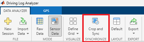 Crop and Sync button on the Driving Log Analyzer app toolstrip.