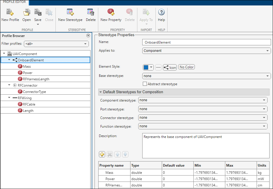 Profile Editor with OnboardElement stereotype selected