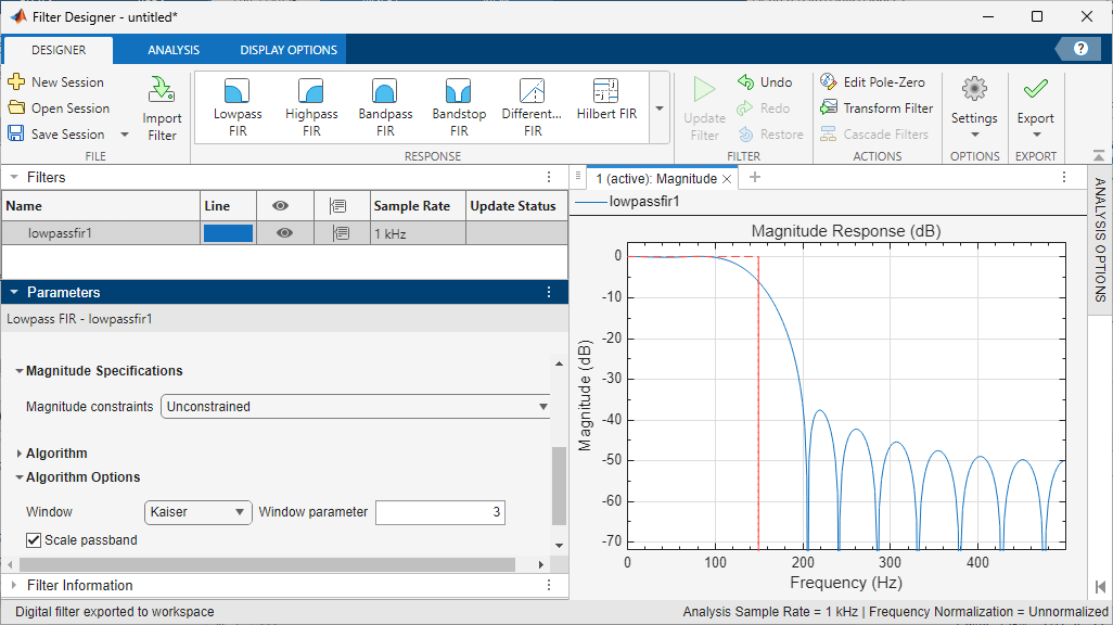 Filter Designer app showing an FIR lowpass filter designed with a Kaiser window.