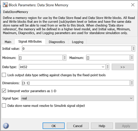 The Data Store Memory Block Parameters dialog box is open to the Signal Attributes tab.