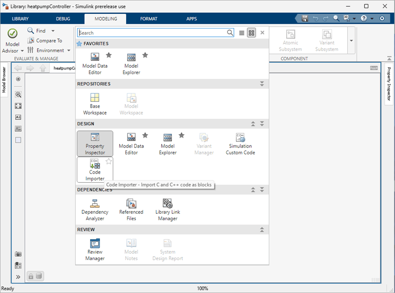 Open the Code Importer app in the Modeling tab.