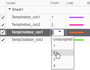 Port dropdown expanded for TempOutdoor_run1 in the Playback block signal table to modify port number.