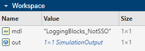 The Workspace panel contains the variables mdl and out.