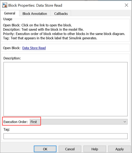 The Data Store Read block properties dialog shows the execution order set to first