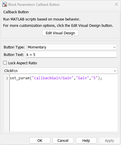 Block Parameters dialog box for the Callback Button block labeled k = 5.