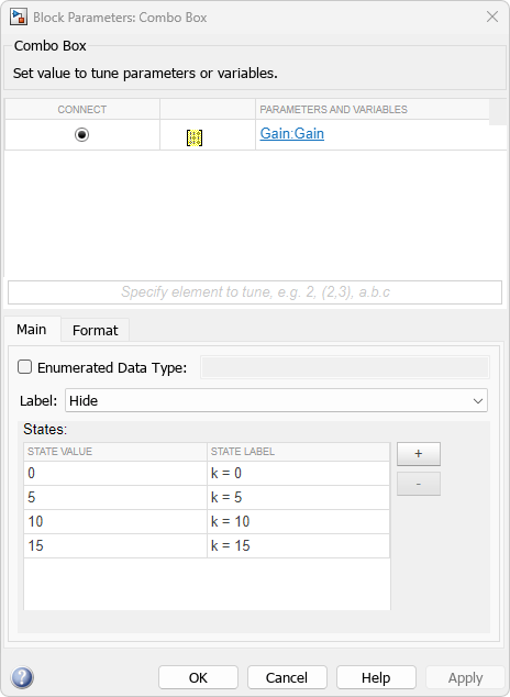 Block parameters dialog box for the Combo Box block.